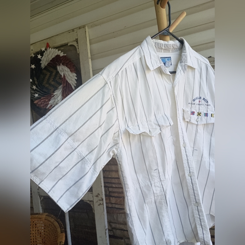 Vintage Bugle Boy White Striped 100% Cotton Button-Up Shirt_Med - Picture 2 of 9